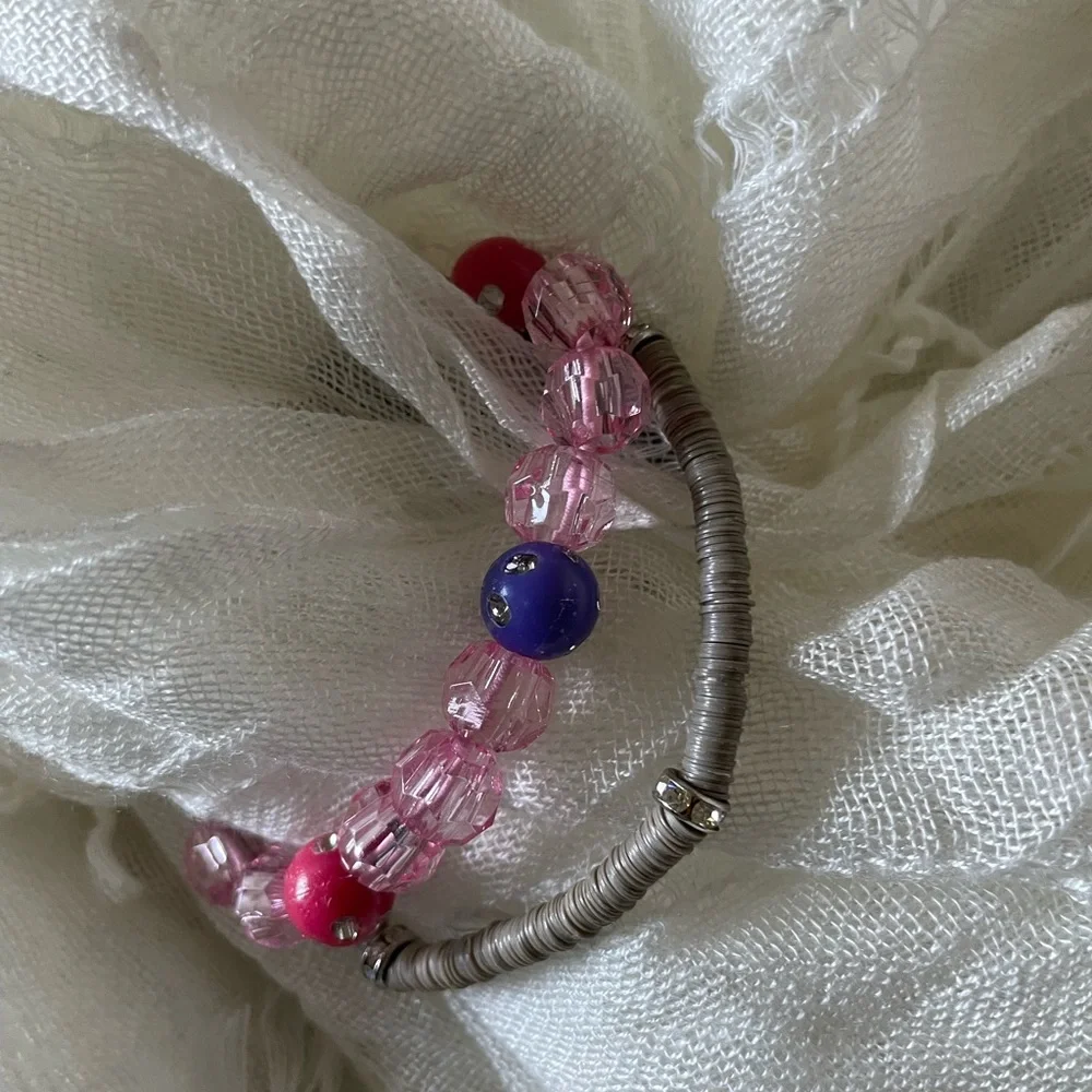 Acrylic pink bead, gray Puka shell with rhinestone - 2 strands